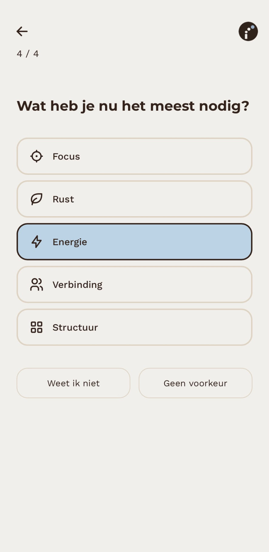 Check-in scherm van de Uppie app: wat heb je nu het meest nodig?